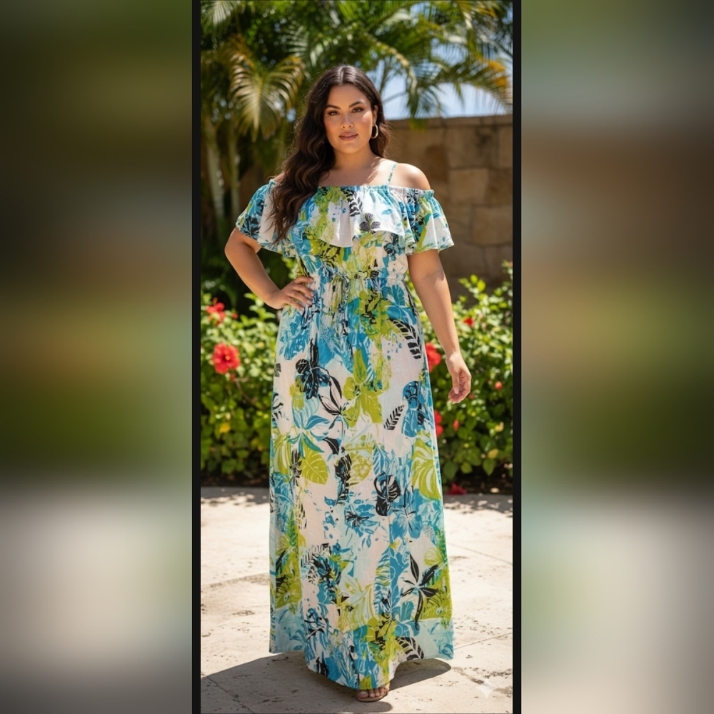 ATMOSPHERE Tropical Floral Off shoulder Cinched Tie Waist Maxi Dress Size 6